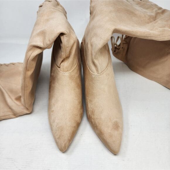 New Beige Pointed Toe Faux Suede Over the Knee High Boots Chunky Size 8.5 - Picture 10 of 13